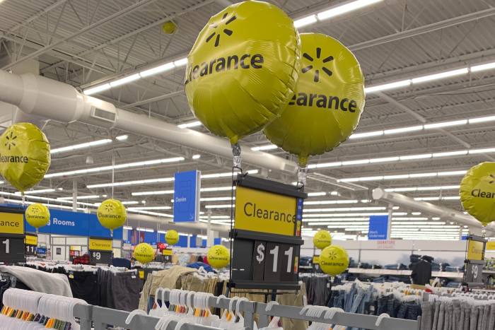 Yellow clearance balloons at Walmart’s store on South Walton Boulevard in Bentonville, Arkansas
