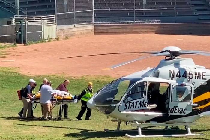 Salman Rushdie is loaded on to a medical evacuation helicopter near the Chautauqua Institution after an attack on Friday August 12 2022