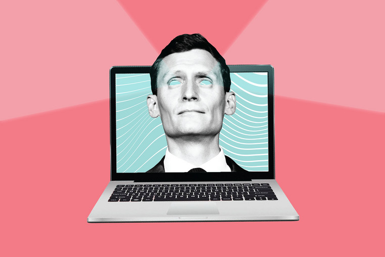 Photo illustration of Blake Masters' head coming out of a laptop screen as light beams out of his eyes.