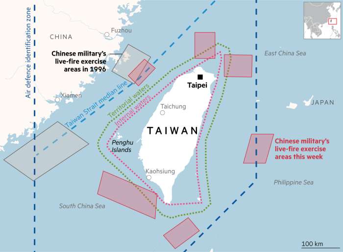 Map of Taiwan showing China’s military live fire exercises in March 1996 and August 2022
