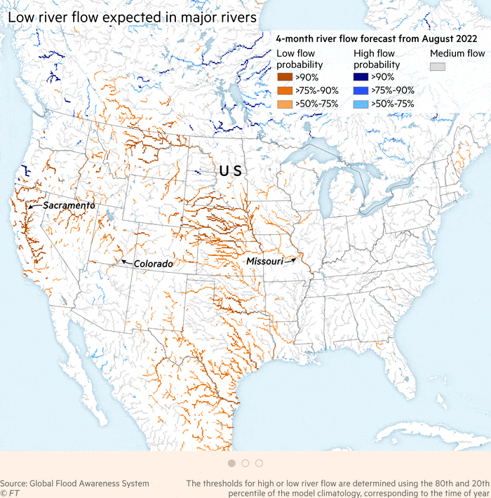 Animated maps showing probability of low and high flows over the next four months across the US , Europe and China. The record heat waves and droughts over the summer have reduced water levels in some of the world's largest rivers to record lows