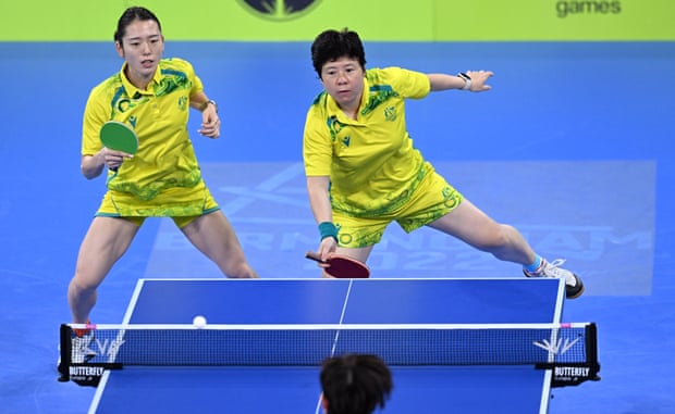 Minhyung Jee (left) and Jian Fang Lay in action against the Singaporean duo of Tianwei Feng and Jian Zeng.