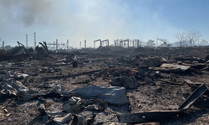 The aftermath of a suspected Ukrainian strike on a Russian arms depot at Nova Kakhovka in Kherson last month