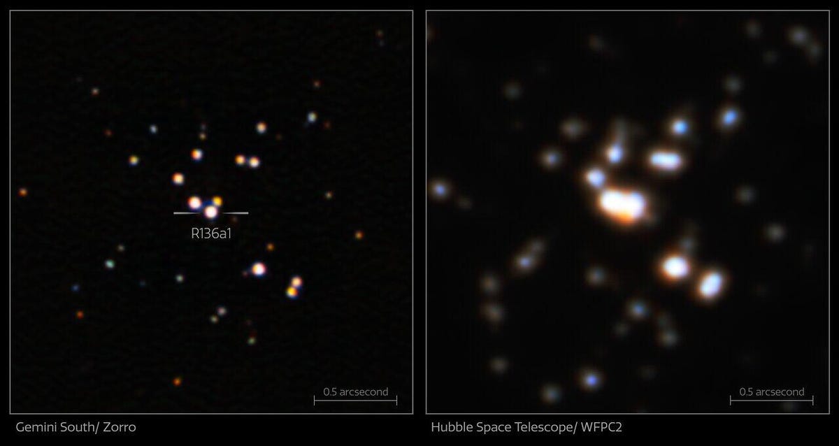 On the right is a super blurry version of the star cluster which holds R136a1. The star at hand is almost blended into the one right next to it. On the left is the new image we have of the region -- it's much, much clearer.